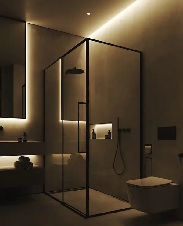 Cabina de ducha cristal con marco negro y LED ambiental