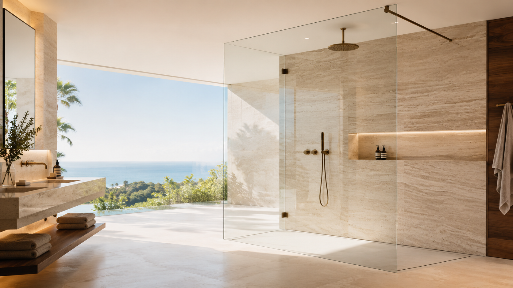 Mampara de ducha de cristal templado a medida en baño moderno